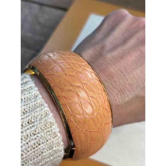 Gold-Tone Wide Bangle Bracelet With Faux Croc Embossed Orange Leather Design - Picture 7 of 7